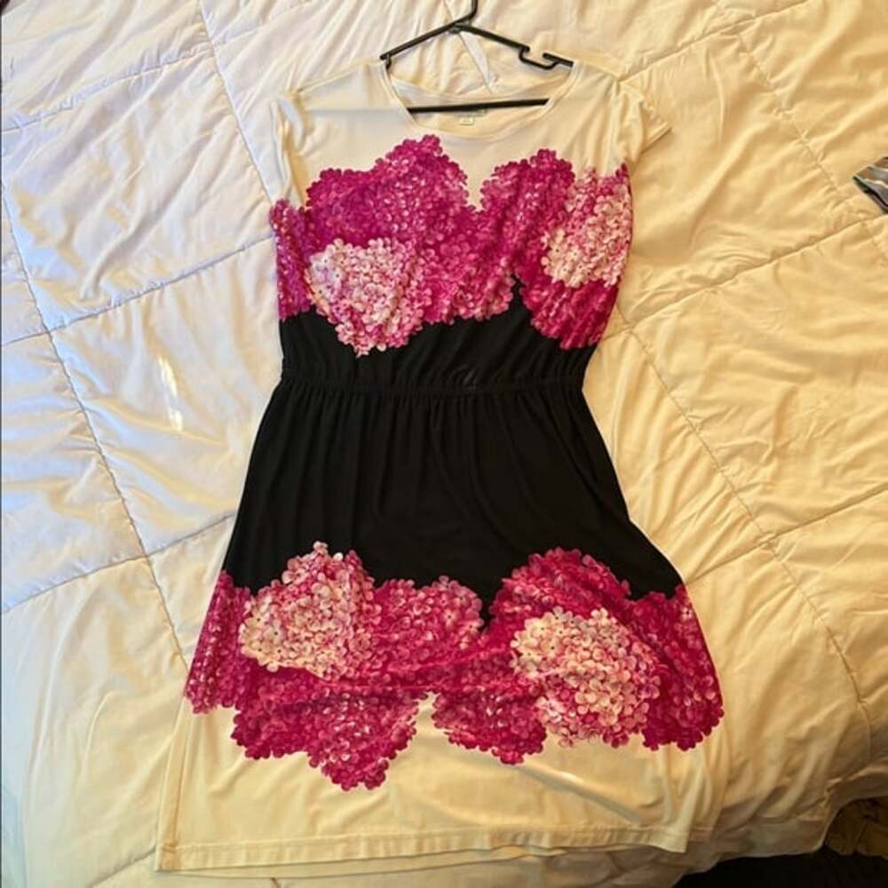 Dressbarn Pink and Black Floral Dress with Cinch Waist